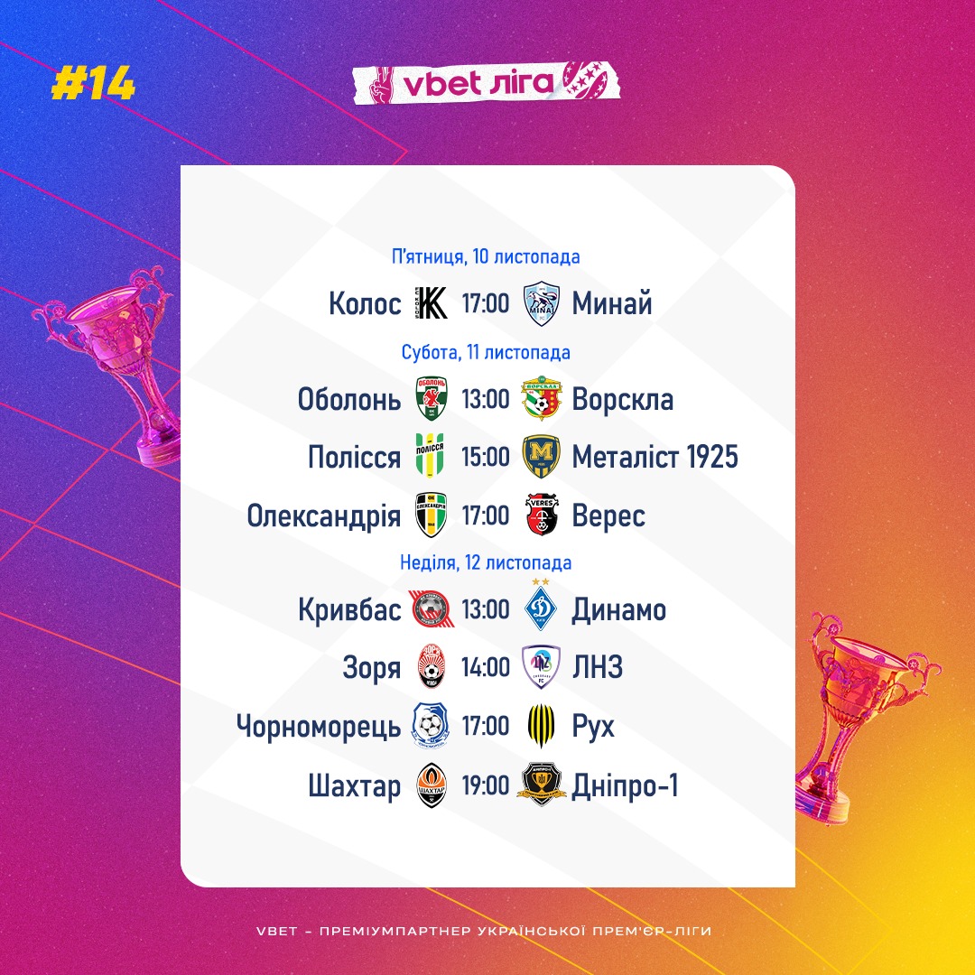 Продовження УПЛ 10-12 листопада: повний розклад матчів чотирнадцятого туру