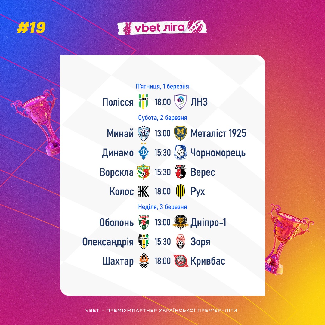 Продовження УПЛ 1-3 березня: повний розклад матчів дев'ятнадцятого туру