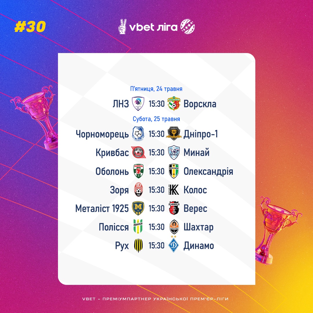 Завершение УПЛ 24-25 мая: полное расписание матчей тридцатого тура