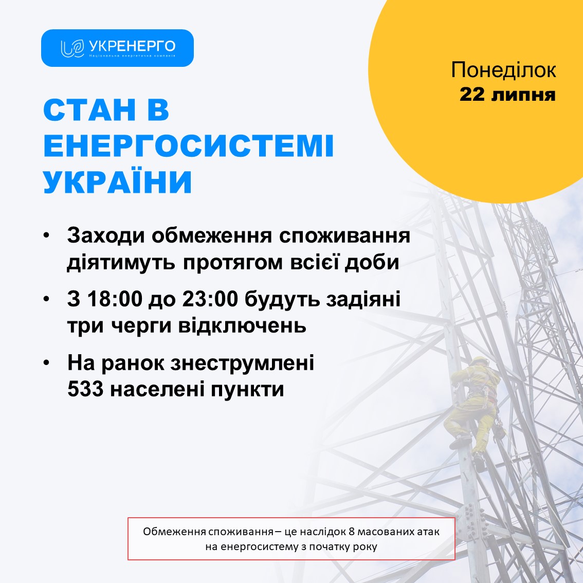 "Укренерго" визначило час найбільших відключень світла на сьогодні