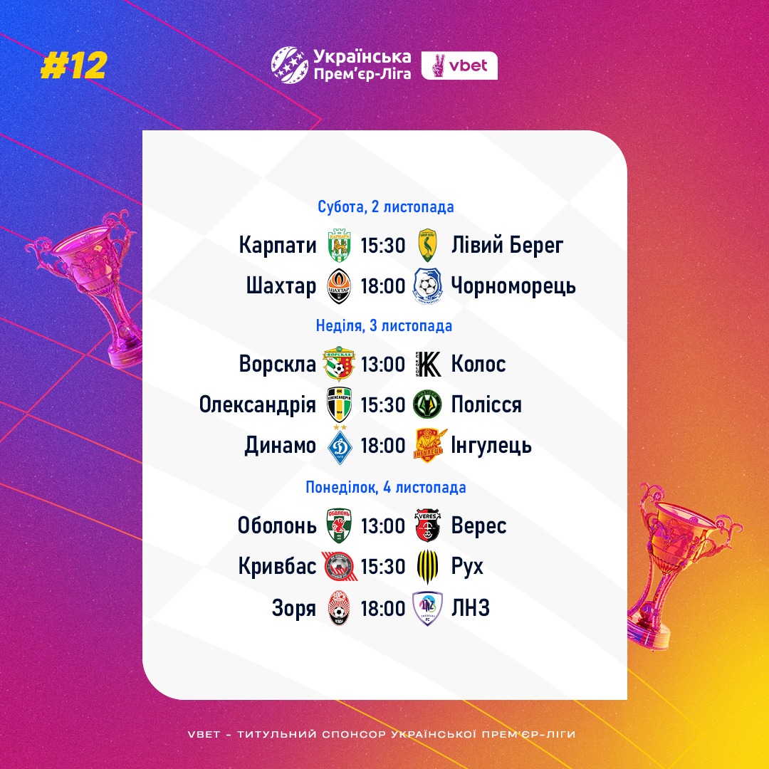 Продовження УПЛ 2-4 листопада: повний розклад матчів дванадцятого туру
