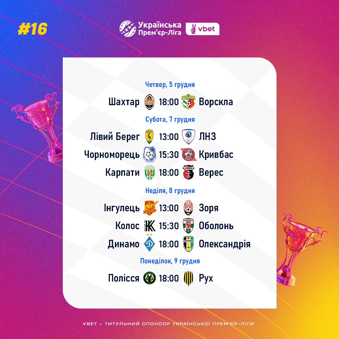 УПЛ іде на друге коло: повний розклад матчів 5-9 грудня