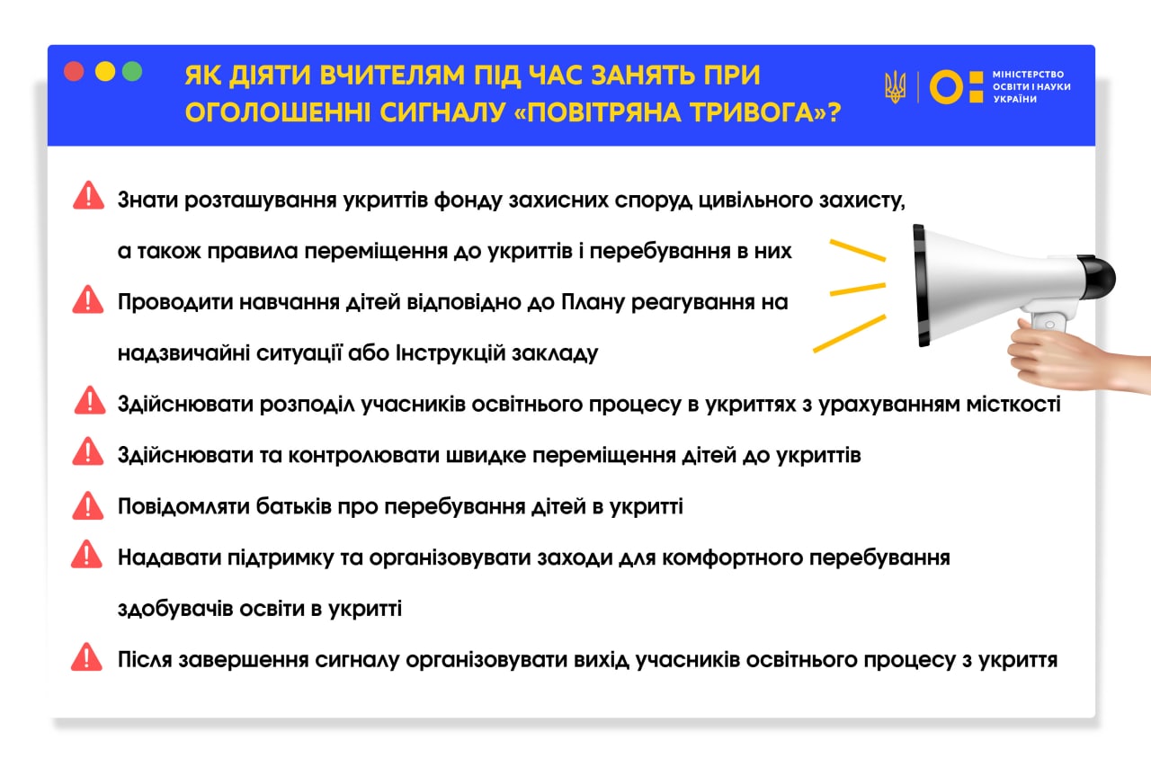 Повітряна тривога під час уроків у школах: для вчителів розробили алгоритм дій