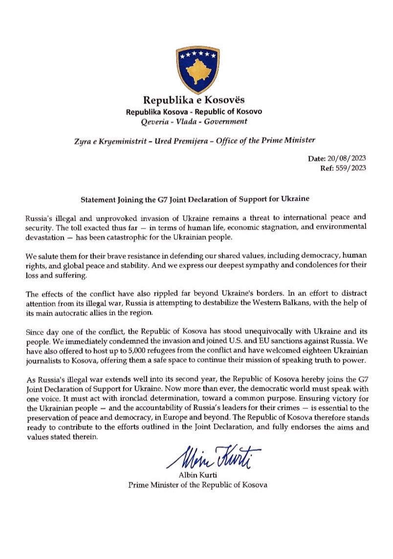 Косово приєдналося до декларації G7 щодо гарантій безпеки для України