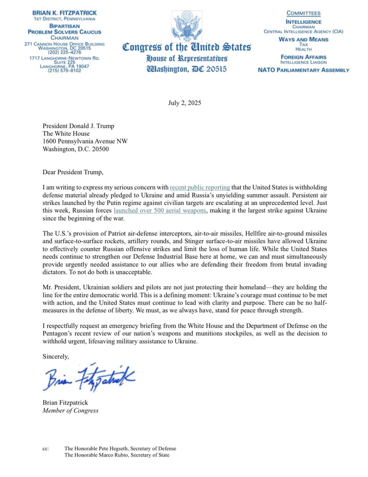 У США конгресмен вимагає термінових пояснень Трампа щодо допомоги Україні