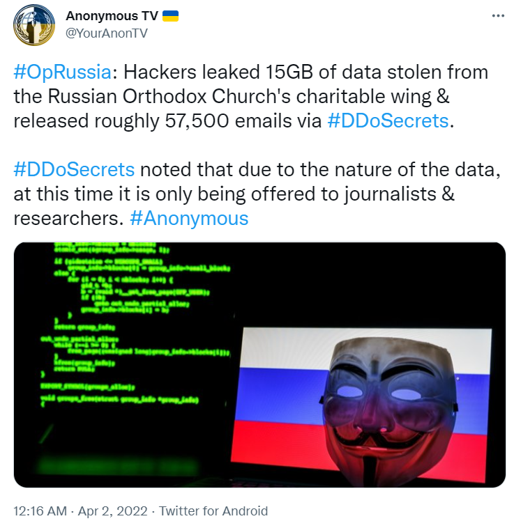 Anonymous выложили в сеть базу РПЦ и российского завода-производителя компонентов для ЗРК