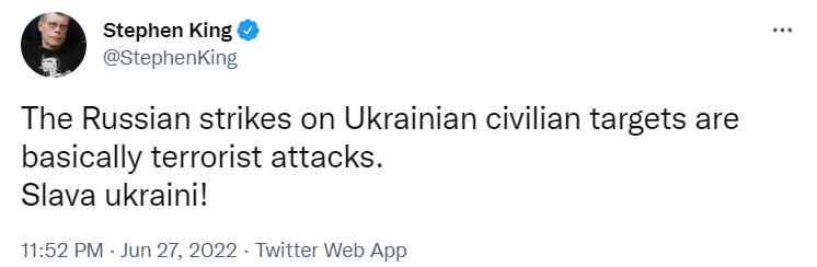 Стивен Кинг дал определение российским атакам по гражданским объектам в Украине