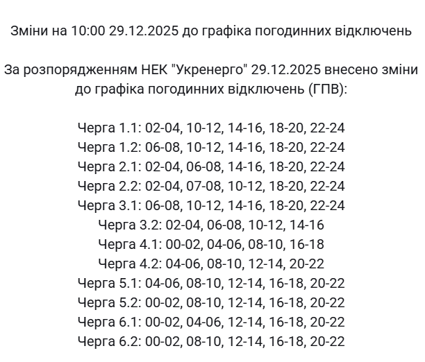Світло вимикатимуть через обстріли й негоду: графіки на 29 грудня