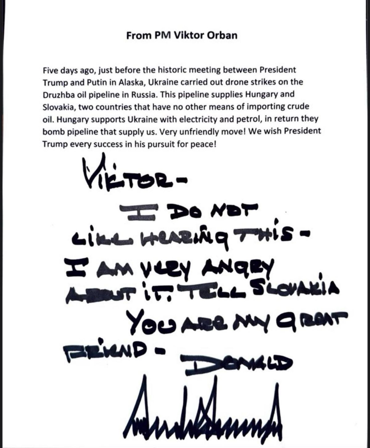 Орбан стверджує, що Трамп "дуже злиться" через удари по нафтопроводу "Дружба"