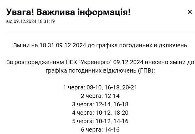 В "Укренерго" екстрено подовжили дію графіків відключення світла