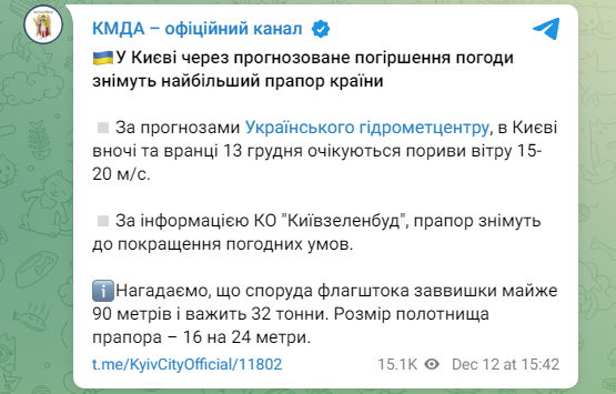 У Києві знімуть найбільший прапор України: що про це відомо