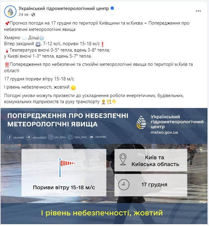 Жовтий рівень небезпеки. На Київ та область насувається негода