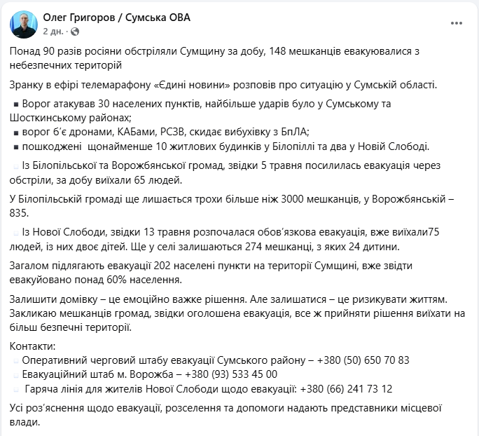 Ситуація загострюється: у Сумській області евакуюють понад 200 населених пунктів