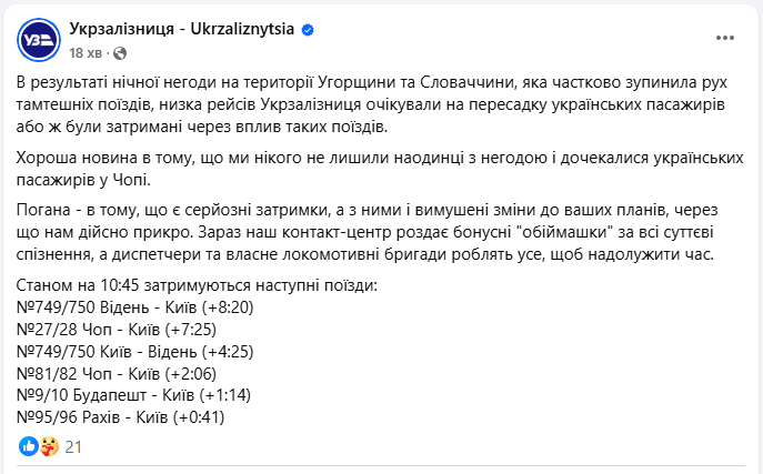 Погана новина для пасажирів: які рейси УЗ сильно запізнюються через негоду (список)