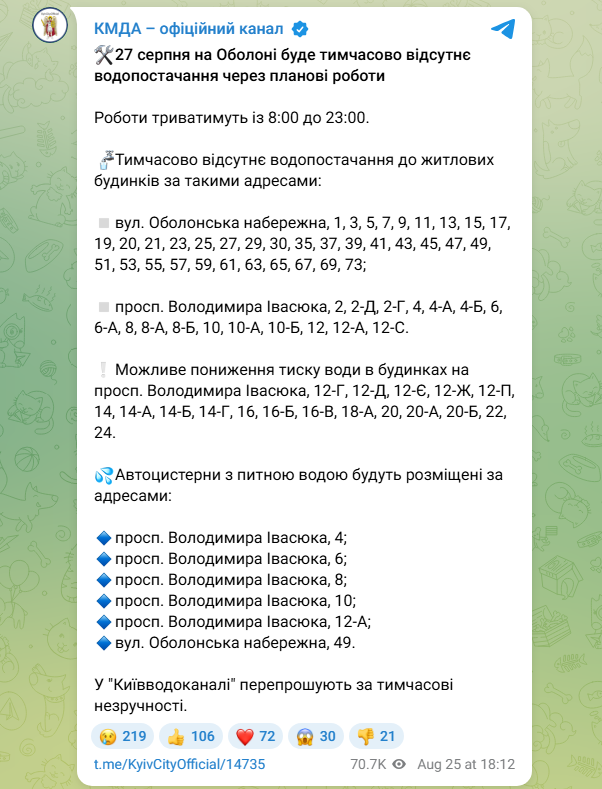 Частина Києва залишиться без води до ночі: які будинки відключать вже завтра (адреси)