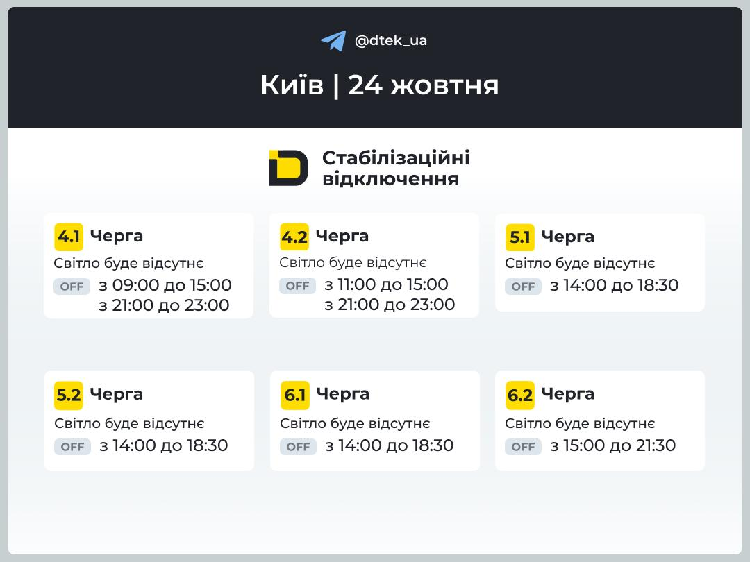 До 10 годин без світла: опубліковано графіки відключень у Києві на 24 жовтня