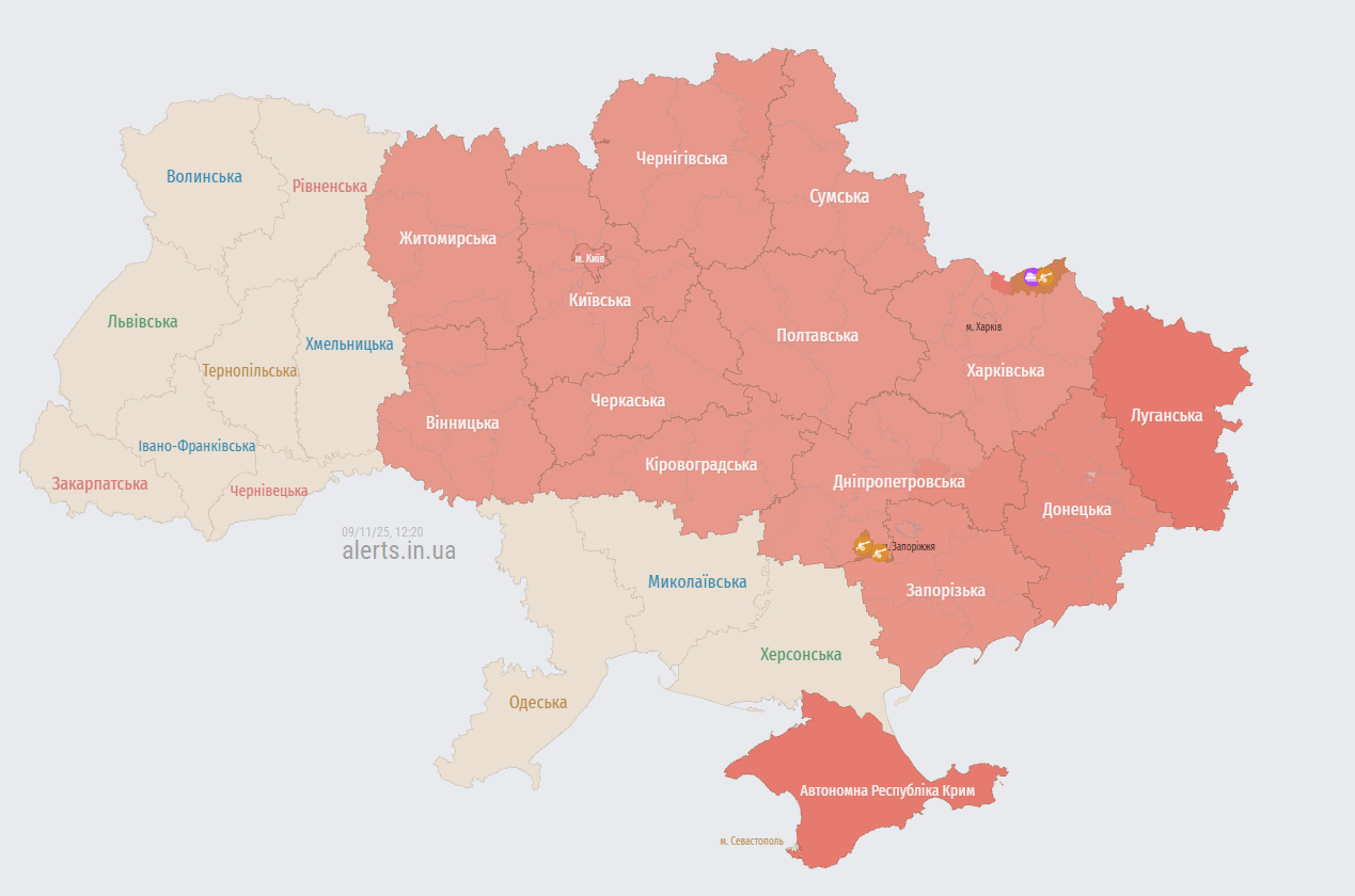 У Києві та низці областей оголошено тривогу через загрозу балістики