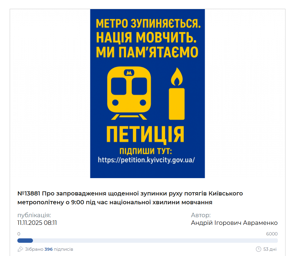 Хвилина мовчання в метро: у Києві подали петицію про щоденну зупинку поїздів о 9 ранку
