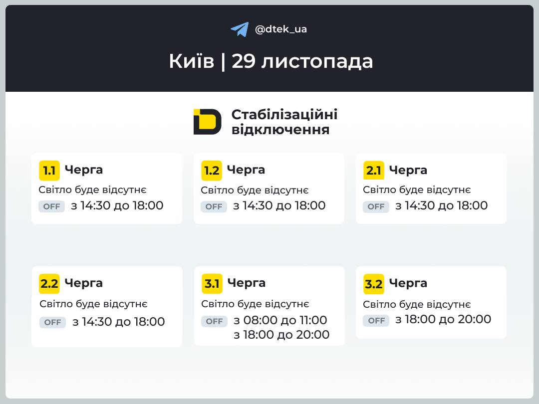 Відключення електрики у Києві 29 листопада: коли і де не буде світла