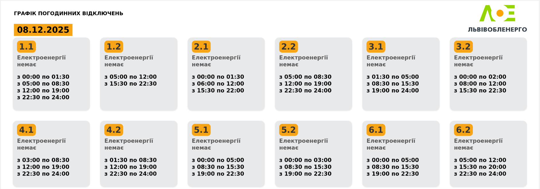 Графіки відключення світла в Україні на сьогодні: список по областях