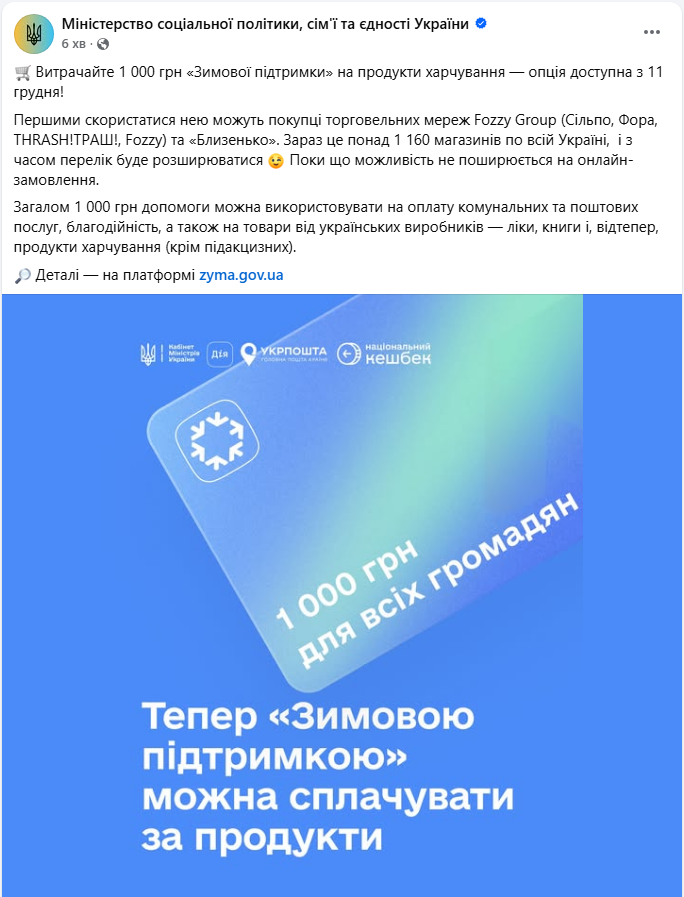 "Зимову підтримку" дозволили витрачати на продукти: в яких магазинах це вже працює