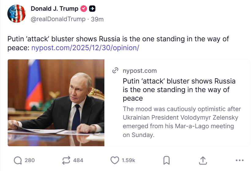 Трамп репостнул статью о роли Путина в срыве мира