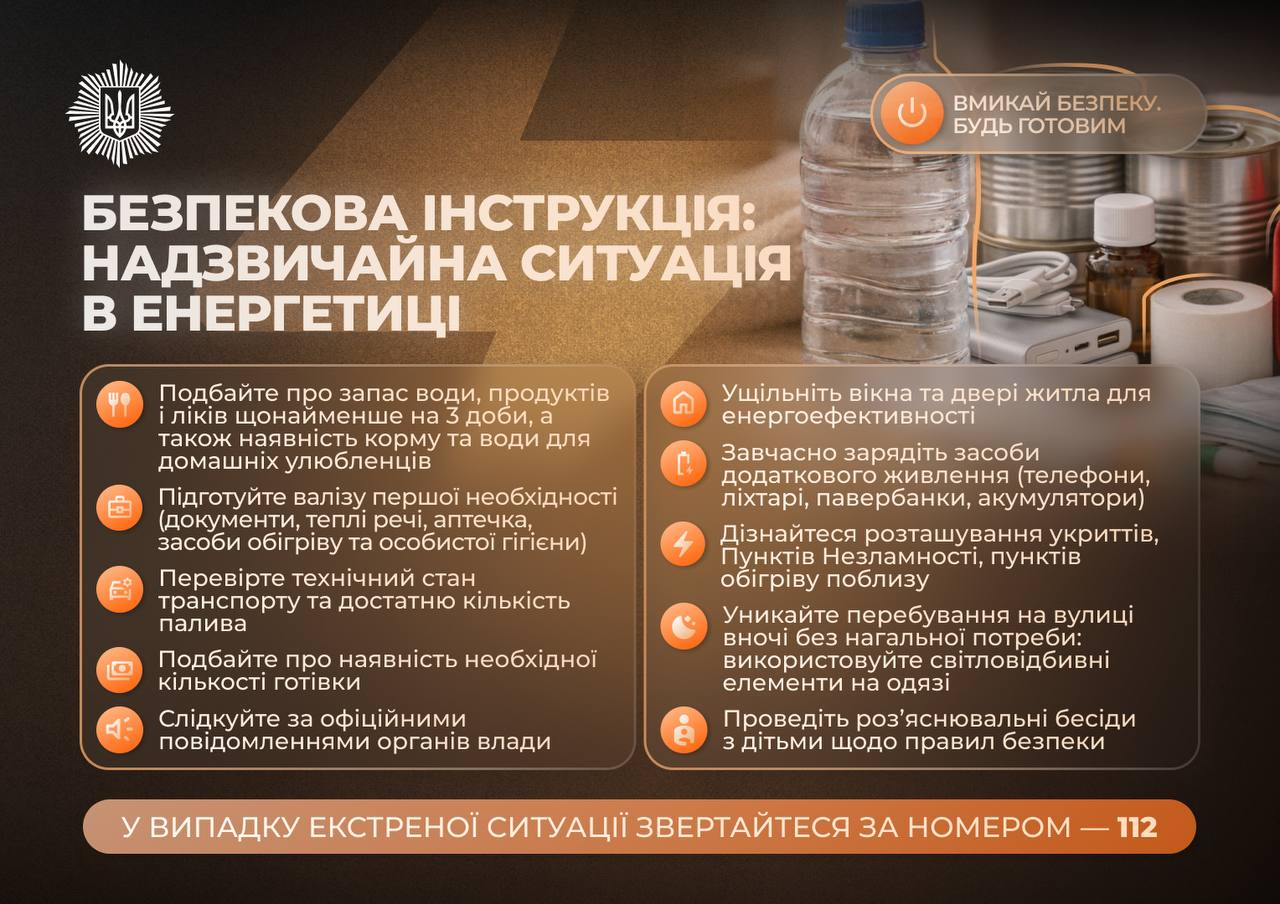 Запас їжі на 3-5 днів та готівка: МВС дало поради українцям через НС в енергетиці