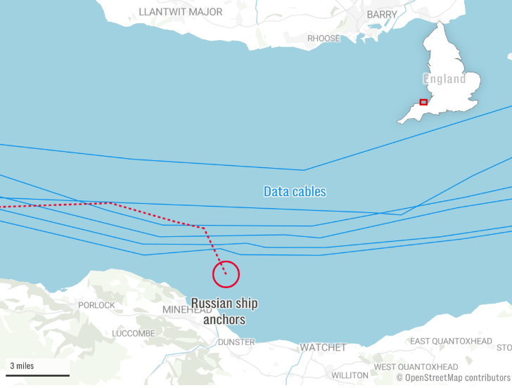 Російський корабель помітили біля підводних кабелів зв’язку: Британія втрутилась