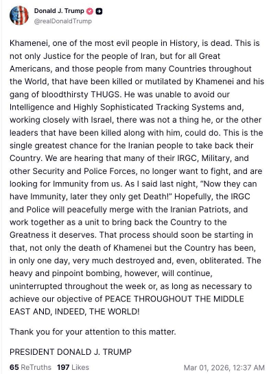Хаменеи мертв: Трамп обратился к Ирану