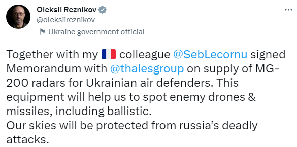 Україна отримає від Франції радари ППО GM 200. Підписано меморандум