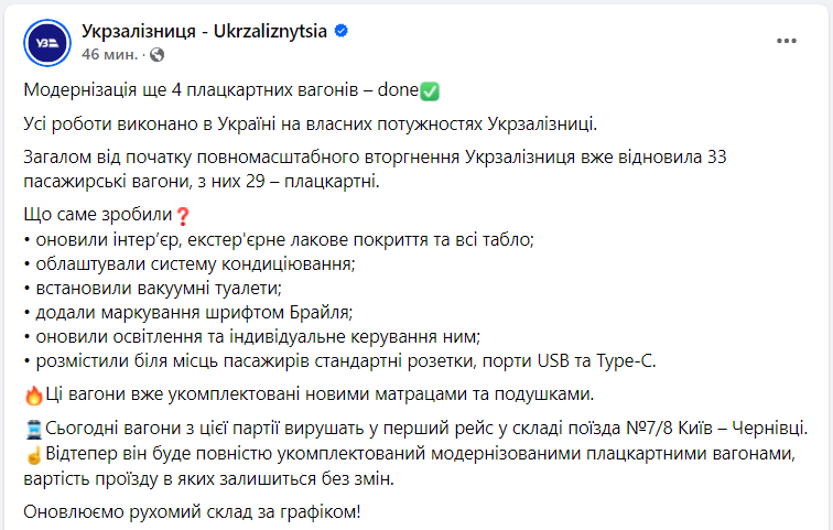 Type-C і кондиціонер у плацкарті. УЗ показала оновлені вагони, в яких вже можна їздити