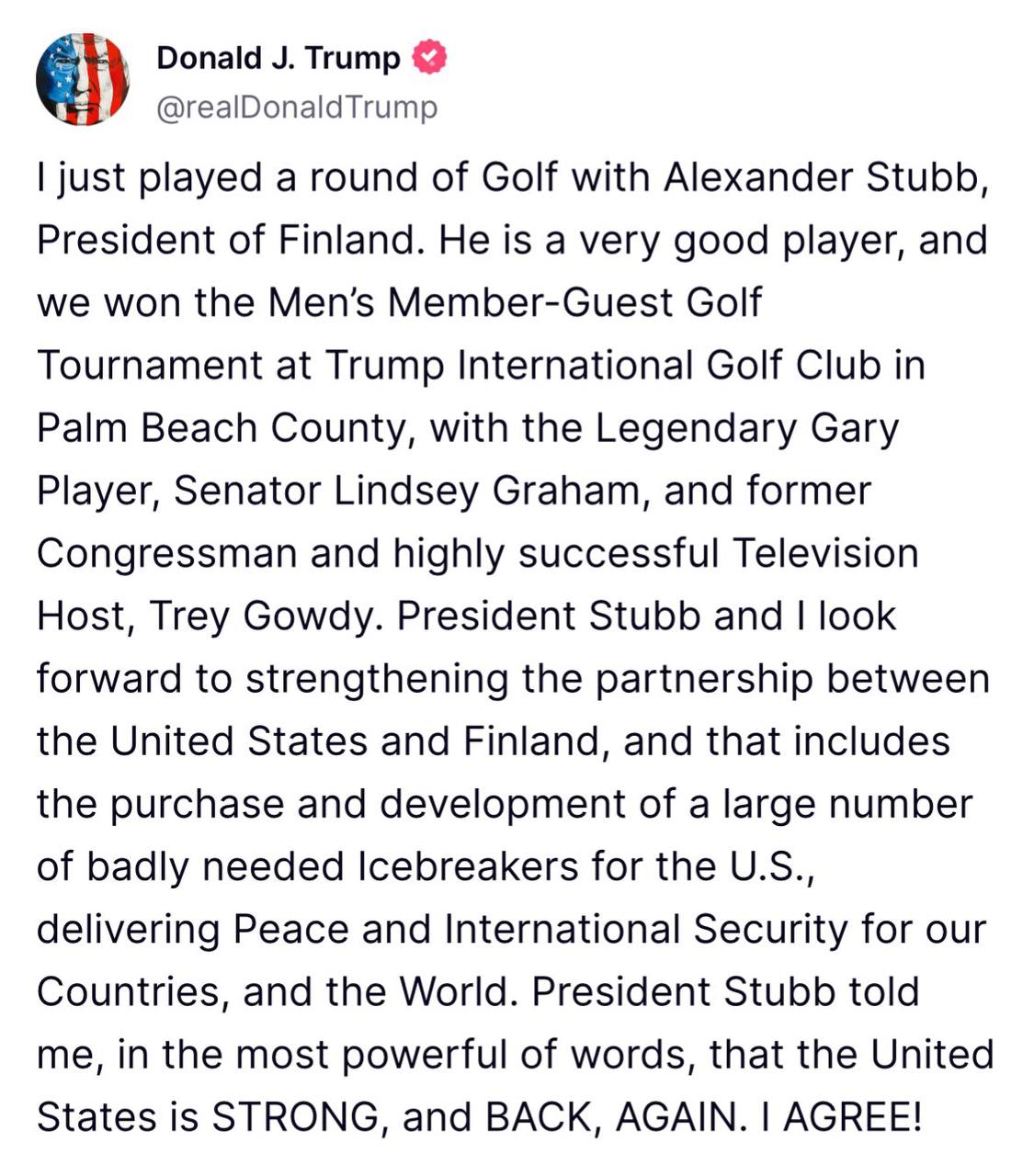 Трамп пограв у гольф з лідером Фінляндії і домовився про "необхідні криголами"