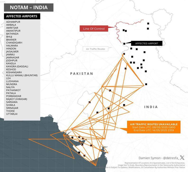 Індія закрила вже понад 30 аеропортів через бойові дії з Пакистаном