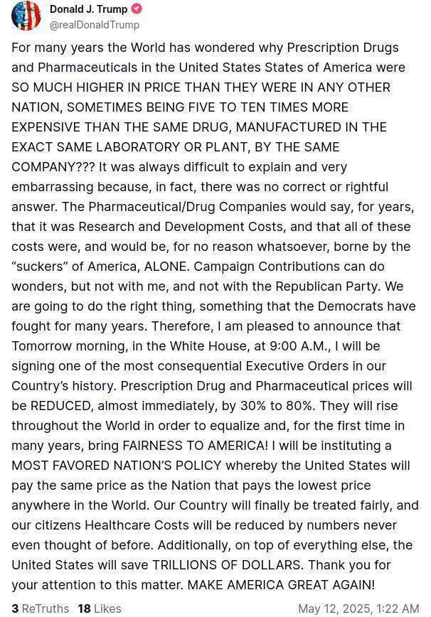 "Історичний указ": Трамп зрівняє ціни на ліки в США з дешевшими за кордоном