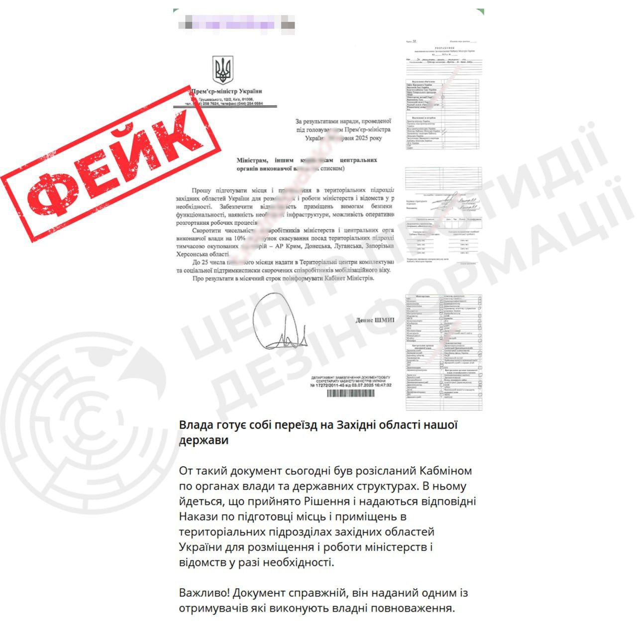 РФ поширює фейковий лист від Шмигаля про "евакуацію": у ЦПД розкрили мету провокації