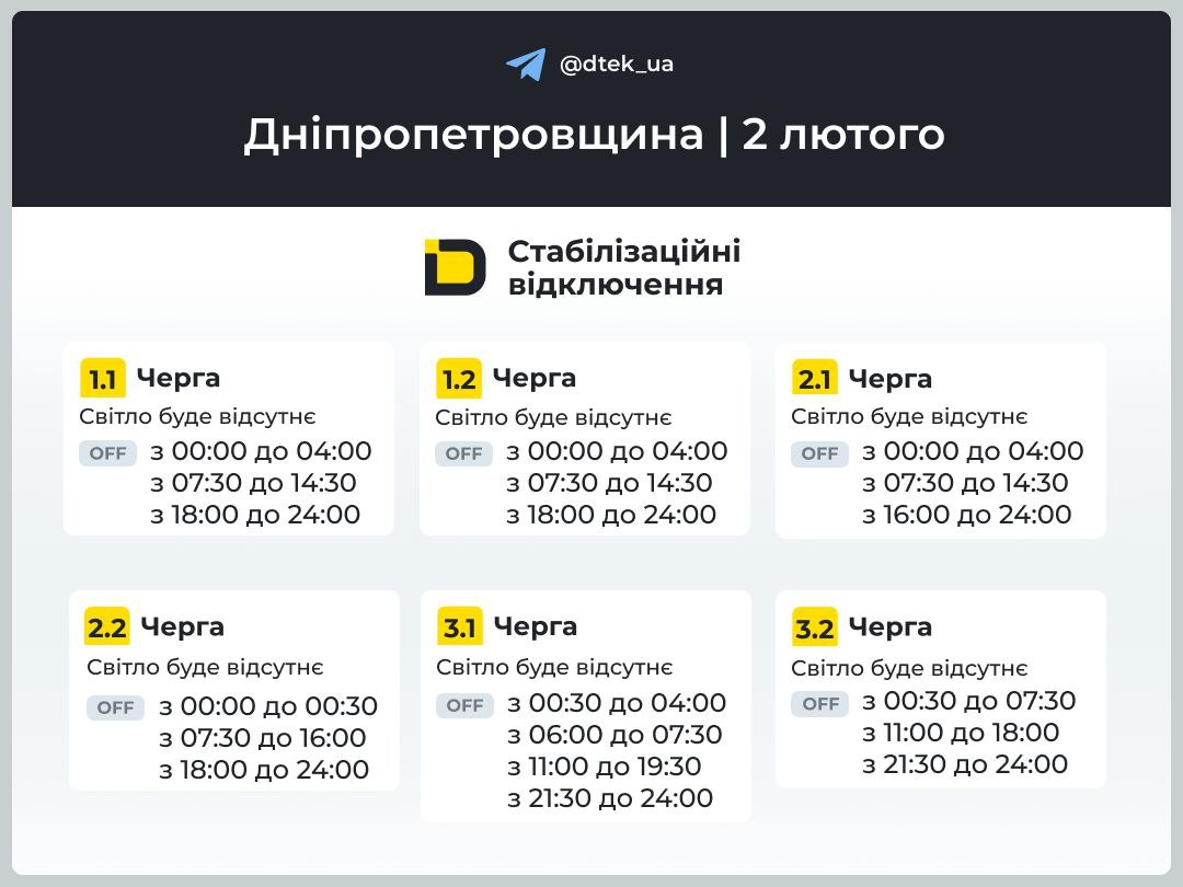 Отключение света: какими будут графики по областям 2 февраля