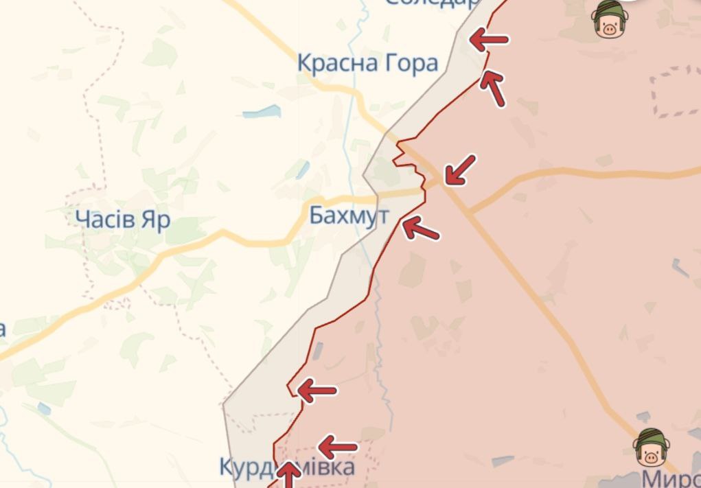 На схід і південь від Бахмута йдуть активні бої: оновлена мапа протистоянь