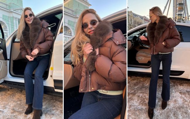 Денім, замша та куртка з хутряним коміром: зимовий "лук" Даші Трегубової