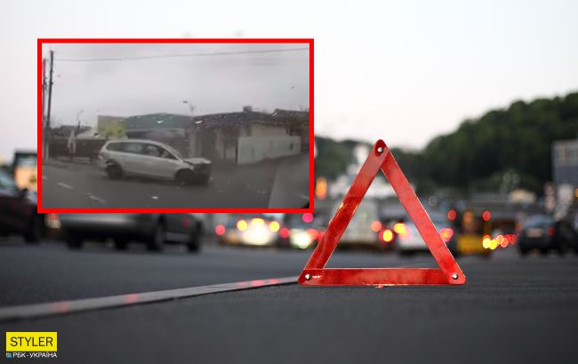 Под Киевом авто снесло магазинчик с женщиной и&nbsp;сделало сальто в воздухе: видео аварии