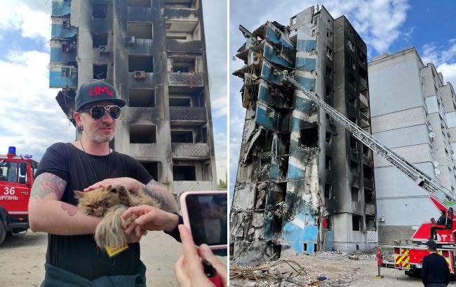 В Бородянке спасли кота, который оказался на 7 этаже разрушенного дома