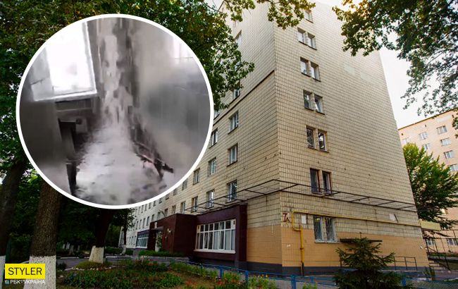 В Киеве накануне 1 сентября серьезно затопило студенческое общежитие: потоки воды летели с потолка (видео)