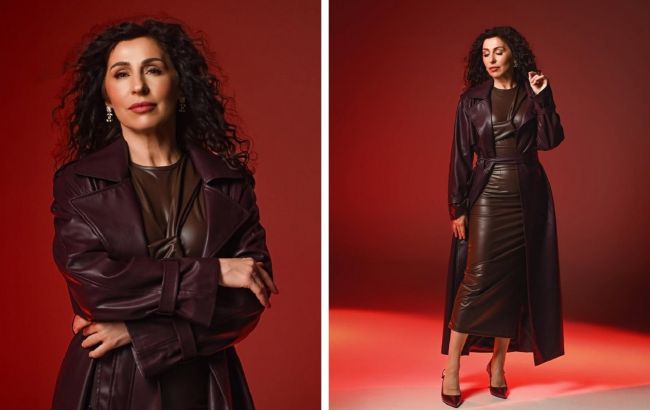 Шкіряна сукня і бордовий тренч: Надя Матвєєва показала модний образ для впевнених жінок