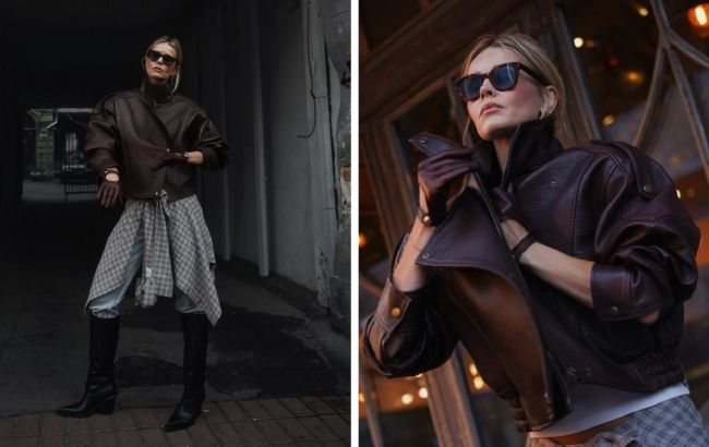 Модний образ Катерини Кузнєцової на осінь 2025: бордова "шкірянка" і чоботи-"козаки"