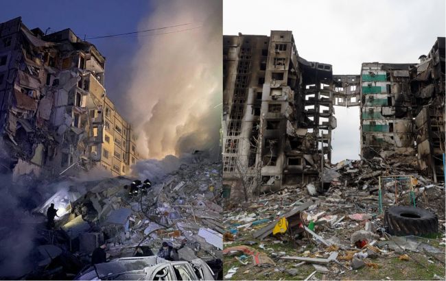 Дніпро сьогодні і Бородянка майже рік тому: злочини держави-терориста на двох фото