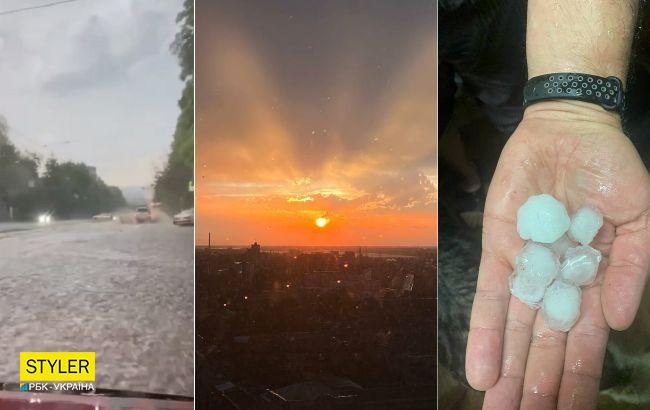 Днепр залило ливнем и засыпало градом. Потом был фантастический закат с радугой (видео, фото)